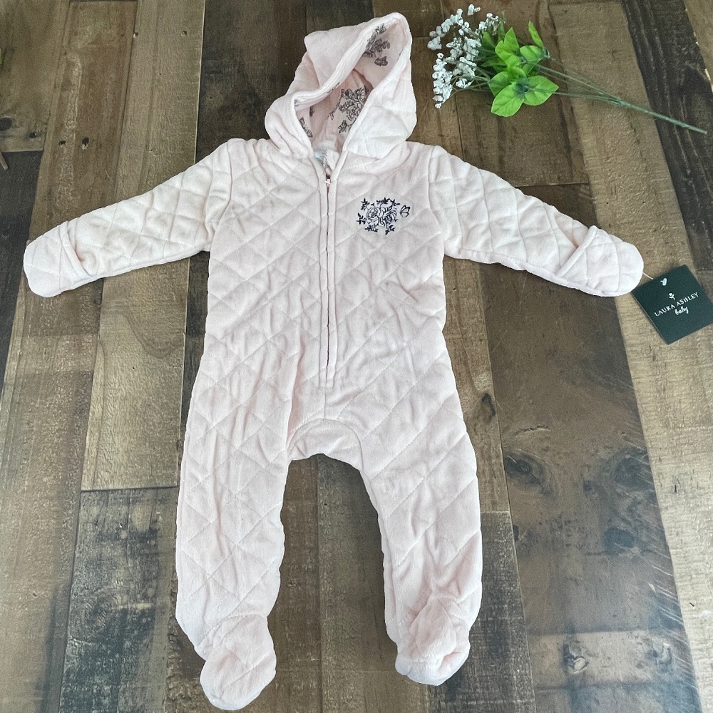NWT Laura Ashley Baby Pink Hooded Quilted Coveralls